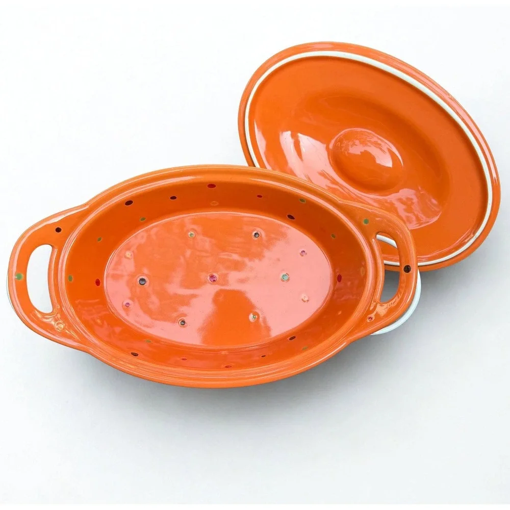Temp-Tations By Tara Polka Dot Spice Oval Casserole Lid Stand Orange 2.5 Qt
